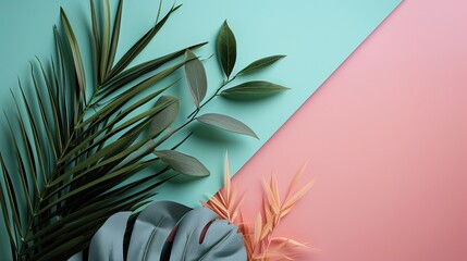 Fototapeta na wymiar Tropical palm leaves and flowers on color background, flat lay