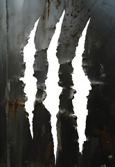 torn claw mark on a grunge dark steel background surface texture. Metallic texture. Grungy wall of steel. Menacing werewolf claw marks. Bear claw mark. Lion Claw Mark. Beast claw mark. Transparent