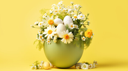 Fototapeta na wymiar Floral composition in a big Easter egg shell with fresh spring wildflowers on yellow background. Holiday banner card template with copy space