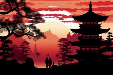 Silhouette of a Japanese temple. Generative AI