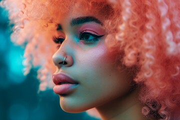 Close up fashion portrait of young woman with a pink curly hair, bright makeup, in the style of vibrant colorism, african influence