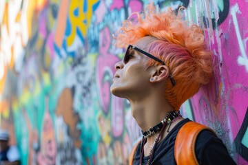 Portrait of peach haired young man wearing sunglasses and modern jewelry standing against graffiti wall. Concepts: teenagers, youth fashion, youth subcultures, nonconformism, challenge - obrazy, fototapety, plakaty