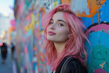 Portrait of pink haired young woman standing against graffiti wall. Concepts: teenagers, youth fashion, youth subcultures, nonconformism, challenge