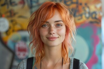 Street portrait of orange haired smiling young woman standing against graffiti wall. Concepts: teenagers, youth fashion, youth subcultures, nonconformism, challenge