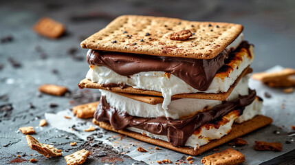 S'mores with melted marshmallow and chocolate between graham crackers. Traditional sweet snack in US and Canada - obrazy, fototapety, plakaty