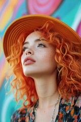 Street portrait of orange haired young woman in an orange hat standing against graffiti wall. Concepts: teenagers, youth fashion, youth subcultures, nonconformism, challenge