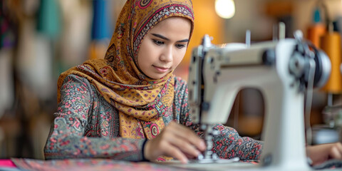 Eine muslimische Frau mit einer Nähmaschine - obrazy, fototapety, plakaty