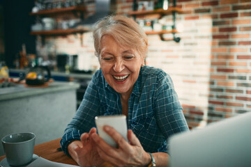 Senior woman smiling while using smartphone in kitchen - obrazy, fototapety, plakaty