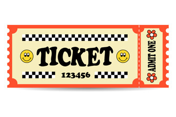 Vintage ticket in groovy style. Admit one event ticket. Vector illustration - obrazy, fototapety, plakaty