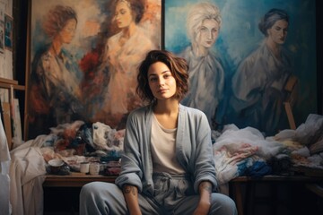 Portrait of a female painter posing in front of her paintings