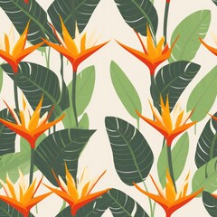 Seamless tropical pattern with flowers. tropical plants, simple, flat style, Strelitzia plant,