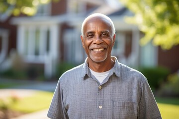Portrait of a smiling black senior man in front of his house