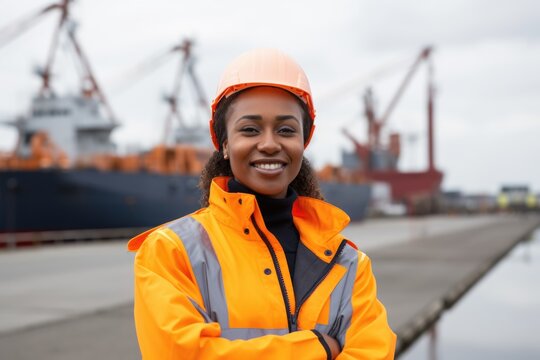 Confident Female Engineer with Hard Hat at Industrial Port