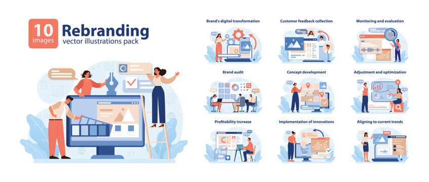 Rebranding Vector Illustrations Pack. A comprehensive visual toolkit for brand transformation, audit, and alignment to digital trends. Flat vector illustration.