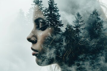 A female form merging with the forest landscape. Double exposure. The concept of mental health and respect for planet Earth - obrazy, fototapety, plakaty
