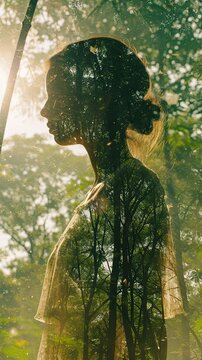 Vertical image of a female silhouette merging with a green forest landscape. Double exposure. Respect for nature. Day, hour of the Earth
