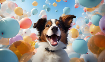 Fototapeta na wymiar happy dog in the middle of colorful balloons