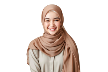Portrait of young beautiful Muslim woman that wear hijab isolated on white transparent background, Arabian middle eastern religious concept.