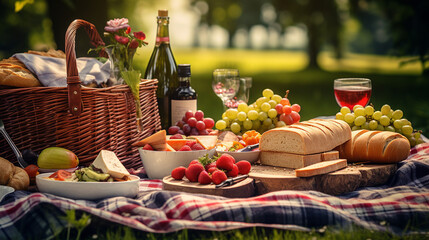 Fototapeta premium a picnic basket overflowing with delicious food. a delicious picnic.Generative AI