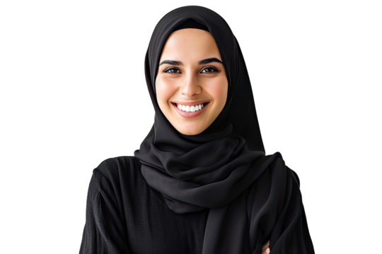 Portrait of young beautiful Muslim woman that wear hijab isolated on white transparent background, Arabian middle eastern religious concept.
