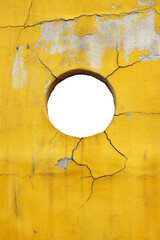 torn hole in a old cracked Mustard concrete wall. Peeling old Mustard paint. Cracked and peeling, Grunge wall texture. Worn aged post apocalyptic texture background with a hole in the wall. 
