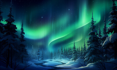 Obraz premium Winter night landscape, northern lights, aurora borealis, snow drifts, mountain pine tree forest. New year and Christmas background with copy space. Christmas colorful landscape illustration.
