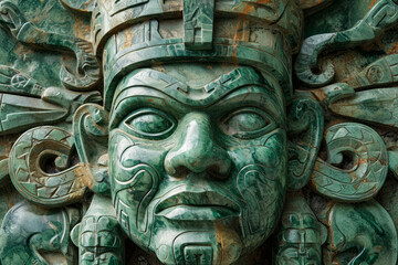 Jade face, Aztec inspired wall carving of ancient design, surface material texture