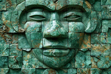 Face bas relief, Aztec inspired wall carving of ancient design, surface material texture