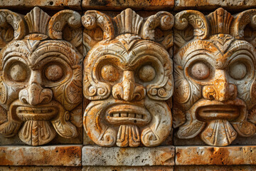 Naklejka premium Face designs in patina sandstone, Aztec inspired wall carving of ancient design, surface material texture
