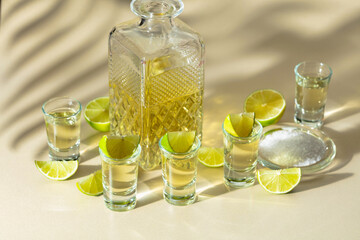 Tequila with salt and lime slices.