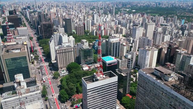 Aerial view of Avenida Paulista (Paulista Avenue) in Sao Paulo city, Brazil. Cinematic 4K
