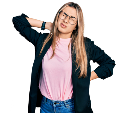 Hispanic young woman wearing business jacket and glasses suffering of neck ache injury, touching neck with hand, muscular pain