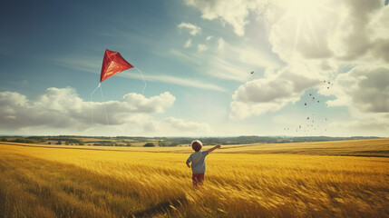 Children fly a kite in the field.Generative AI