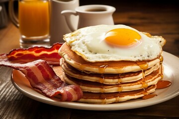 A breakfast plate with pancakes, bacon, and eggs. Generative AI - obrazy, fototapety, plakaty