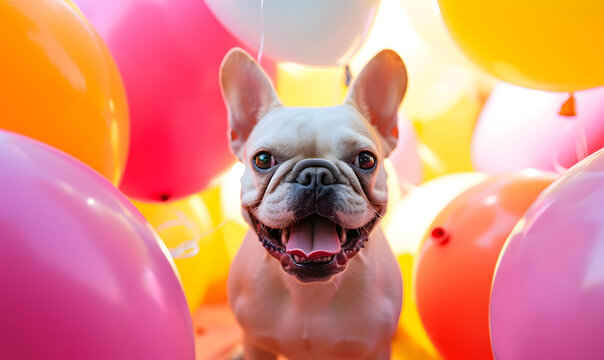 happy french bulldog in the middle of colorful balloons