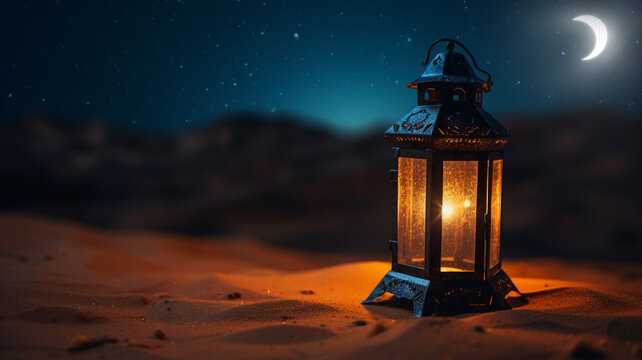  Ramadan background. Colorful  lanterns on desert dunes