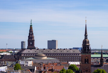 Christiansborg Palace and Church of the Holy Ghost (Danish: Hellig&aring;ndskirken) in center of Copenhagen, Denmark. Top view from the Round Tower (Danish: Rundetaarn)