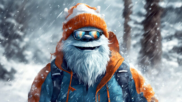 Ein cooler Yeti in warmer Kleidung, M&uuml;tze , Sonnenbrille und wei&szlig;em Bart im winterlichen Wald.