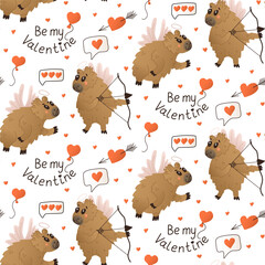 Fototapeta premium Valentines seamless pattern with capybara as angel. St Valentines day concept. Cute flat animal cartoon characters with nimbus, bow and arrow. St Valentines day concept pattern on white background