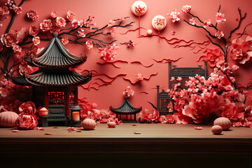 Chinese lanterns and cherry blossom on the table, 3d rendering