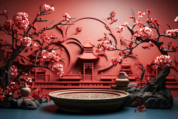 Chinese new year festival decorations, lanterns, plum blossom and landscape.  