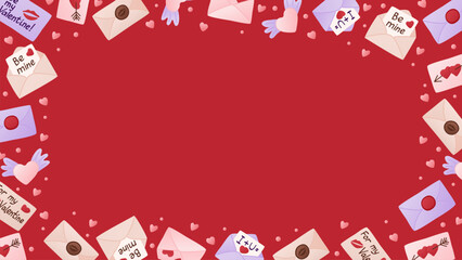 Horizontal Valentines day celebrating background. Frame template design print with love letters, envelopes, hearts on red background. Good for banner, background, social media graphics
