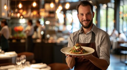 a server holds a plate of food in a restaurant