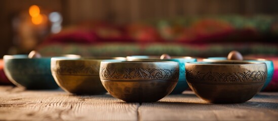 Singing bowls on a wooden table used for meditation and music therapy.