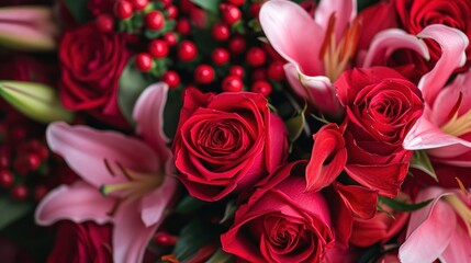 Bouquets of red roses, delicate lilies, and aromatic petals