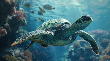 a turtle swimming in the ocean surrounded by coral reefs