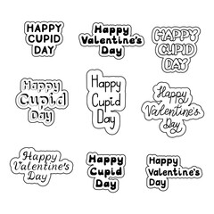 Set of hand dawn Valentines greetings with contour. St Valentines holiday concept. Vector isolated sticker set with greetings on white background.