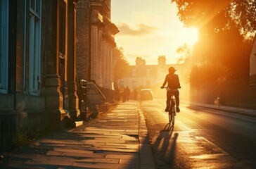 a lady riding a bike down a street at sunrise