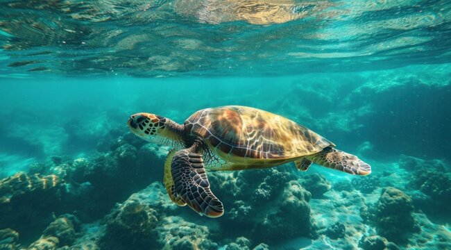 a turtle swimming in the ocean surrounded by coral reefs