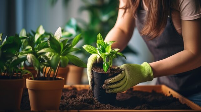 Close-up cultivation: A woman in gloves pours soil into a flower pot at home, embracing the joy of house gardening.